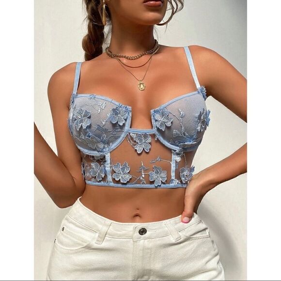LUXE Romantic Floral Mesh Underwire Crop top - BLUE - Picture 6 of 8